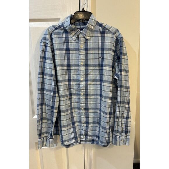 Vineyard Vines Other - Vineyard Vines Classic Fit Whale Shirt‎ Men's Sz XL Cotten Linen Blue Plaid